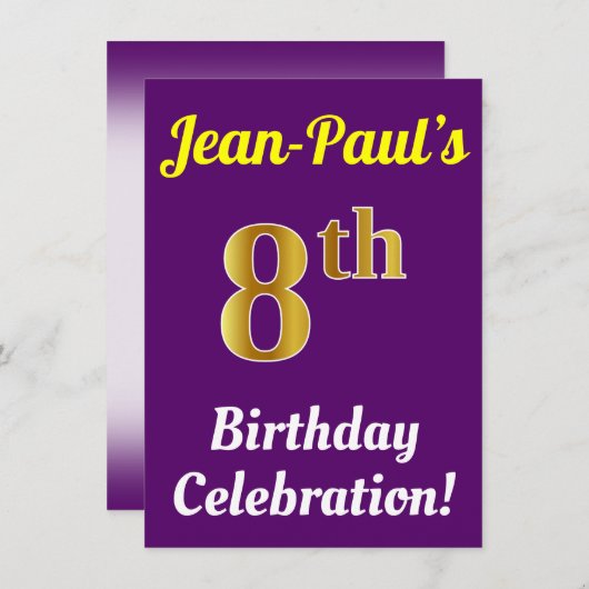 Paarse, Faux Gold 8ste verjaardagsviering + naam Kaart (Voorkant / Achterkant)