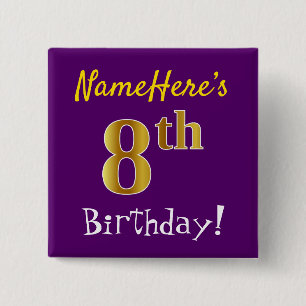 Paarse, Faux Gold 8th Birthday, met aangepaste naa Vierkante Button 5,1 Cm