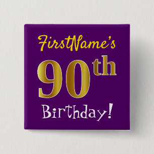 Paarse Faux Gold 90th Birthday, met aangepaste naa Vierkante Button 5,1 Cm