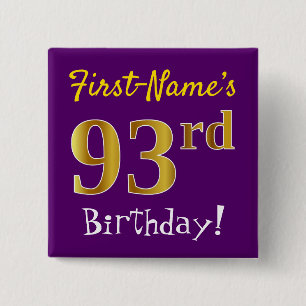 Paarse Faux Gold 93rd Birthday, met aangepaste naa Vierkante Button 5,1 Cm