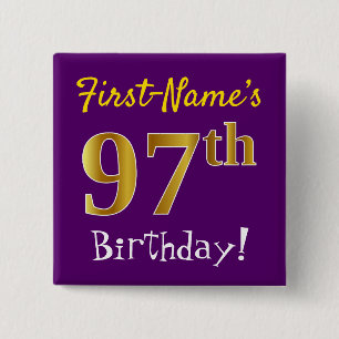 Paarse Faux Gold 97th Birthday, met aangepaste naa Vierkante Button 5,1 Cm