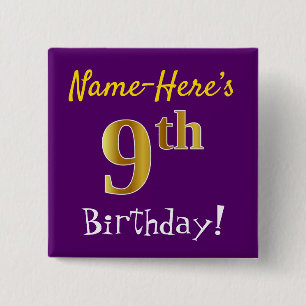 Paarse, Faux Gold 9de verjaardag, met op naam Vierkante Button 5,1 Cm