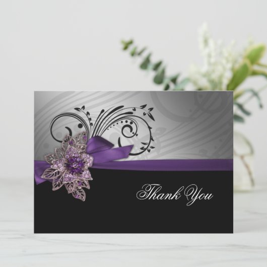 Paarse FAUX ribbon broch Wedding Bedankkaart (Staand voorkant)