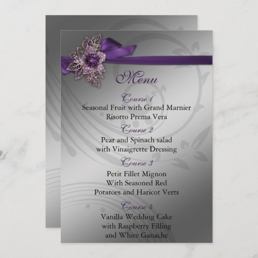 Paarse FAUX ribbon  broch Wedding Menu (Voorkant / Achterkant)