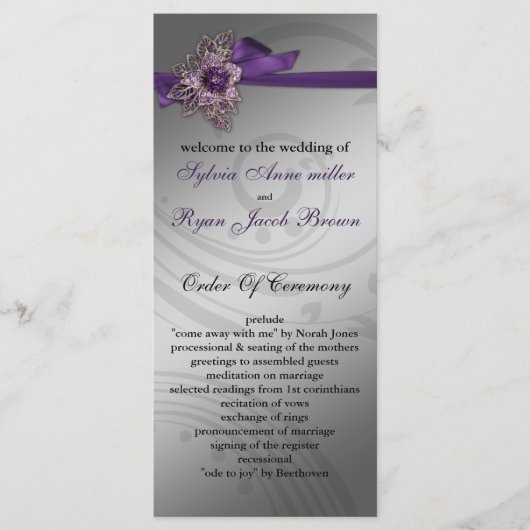 Paarse FAUX ribbon broch Wedding Programma (Voorkant)