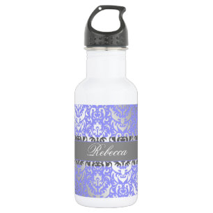 Paarse Faux Shimmer Silver Damask met Jouw naam Waterfles
