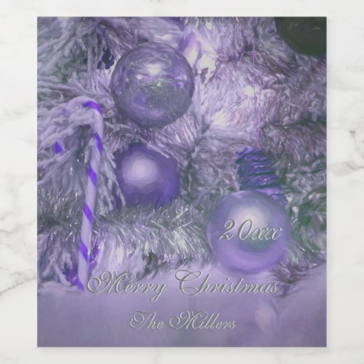 Paarse feestdag in de kerstboom wijn etiket (Enkel label)