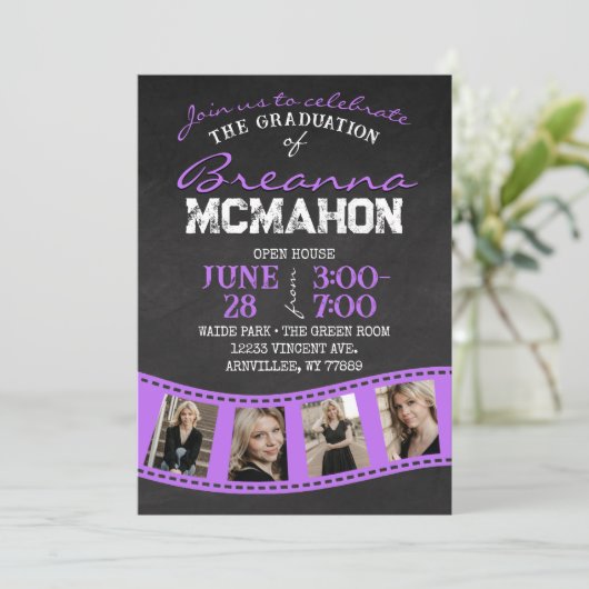 Paarse Filmstrip Chalkboard Afstuderen Invitation Kaart (Staand voorkant)