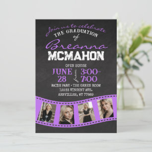 Paarse Filmstrip Chalkboard Afstuderen Invitation Kaart