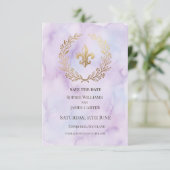 Paarse Fleur De Lis Bruiloft Save The Date (Staand voorkant)
