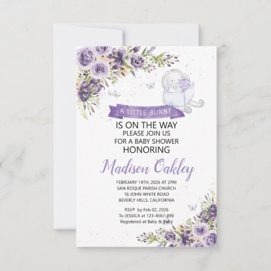 Paarse flora een klein Baby shower Aankondiging (Voorkant)