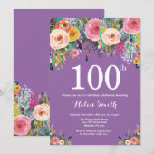Paarse Floral 100th Birthday Uitnodiging (Voorkant / Achterkant)