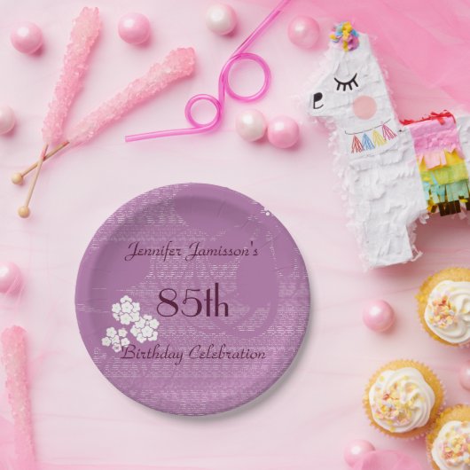 Paarse Floral 85th Birthday Party Personalized Papieren Bordje (Feest)