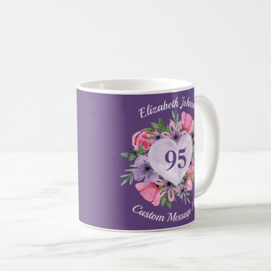 Paarse Floral 95th Birthday Mok voor vrouwen (Voorkant rechts)
