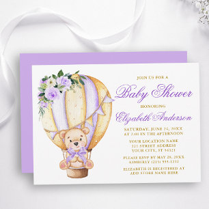 Paarse Floral Air Balloon Teddy Bear Baby shower Kaart