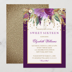 Paarse Floral Amethyst Sweet Sixteen Uitnodiging