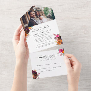 Paarse Floral Autumn Waterverf Foto bruiloft All In One Uitnodiging