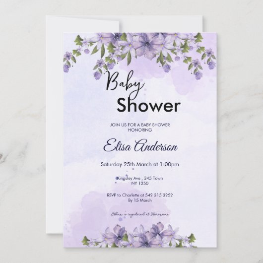 Paarse Floral Baby shower Kaart (Voorkant)