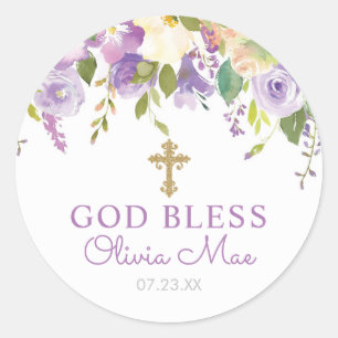 Paarse Floral Baptism Favor Ronde Sticker