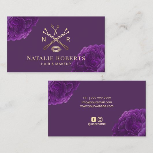 Paarse Floral Beauty Logo Hair & Makeup Artist Visitekaartje (Voorkant / Achterkant)