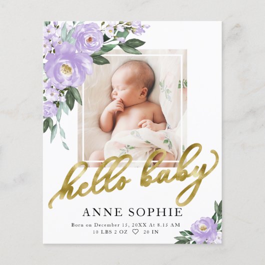 Paarse Floral Birth Aankondiging Hartelijk dank (Voorkant)