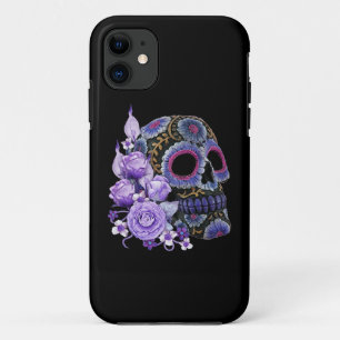Paarse Floral Black Sugar Skull Day of the Dead iPhone 11 Hoesje