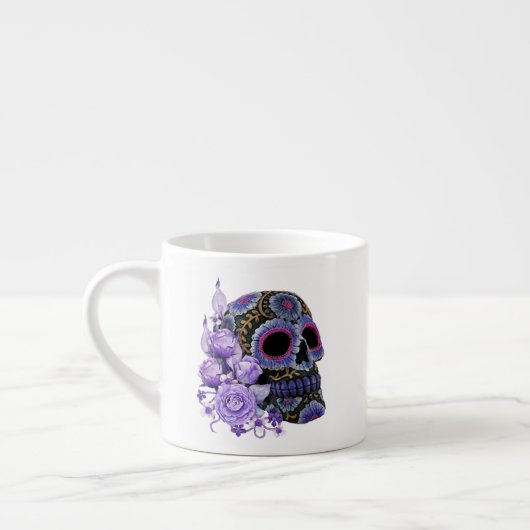 Paarse Floral Black Sugar Skull Day of the Dead Espresso Kop (Links)