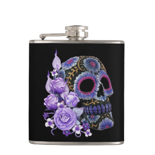 Paarse Floral Black Sugar Skull Day of the Dead Heupfles