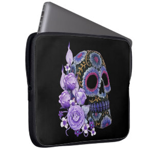 Paarse Floral Black Sugar Skull Day of the Dead Laptop Sleeve