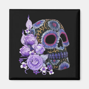 Paarse Floral Black Sugar Skull Day of the Dead Magneet