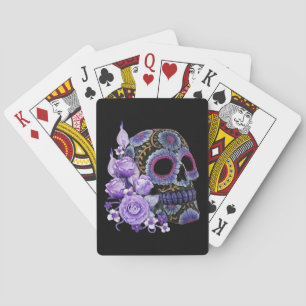 Paarse Floral Black Sugar Skull Day of the Dead Pokerkaarten