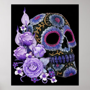 Paarse Floral Black Sugar Skull Day of the Dead Poster