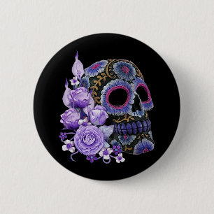 Paarse Floral Black Sugar Skull Day of the Dead Ronde Button 5,7 Cm