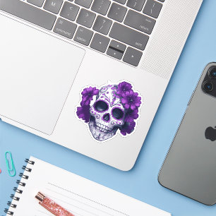 Paarse Floral Black Sugar Skull Day of the Dead Sticker