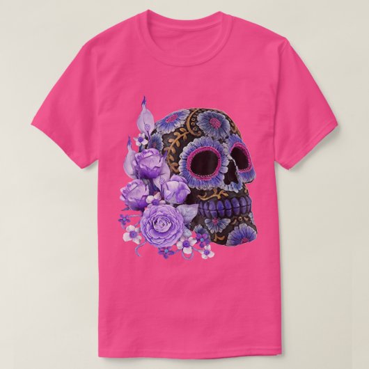 Paarse Floral Black Sugar Skull Day of the Dead T-shirt (Design voorkant)