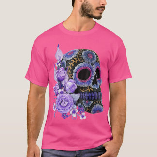 Paarse Floral Black Sugar Skull Day of the Dead T-shirt