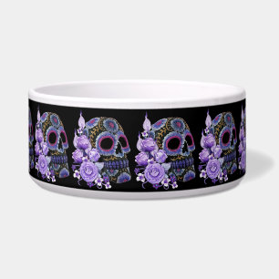 Paarse Floral Black Sugar Skull Day of the Dead Voerbakje