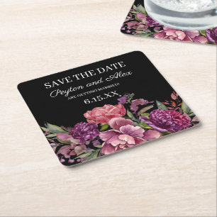 Paarse Floral Black Wedding Save the Date Vierkante Kartonnen Onderzetter