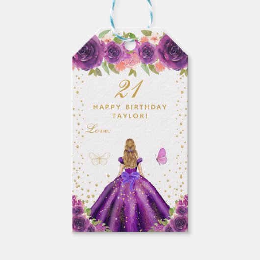 Paarse Floral Blonde Hair Girl Happy Birthday Cadeaulabel (Voorkant)