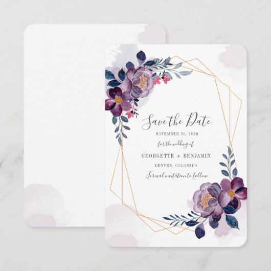 Paarse Floral Bloom Manuscript Geometric sparen de Save The Date (Voorkant / Achterkant)