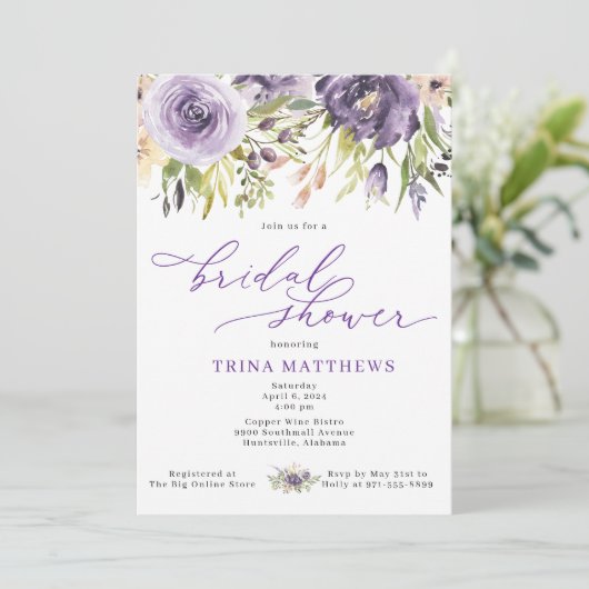 Paarse Floral Bridal Shower Kaart (Staand voorkant)