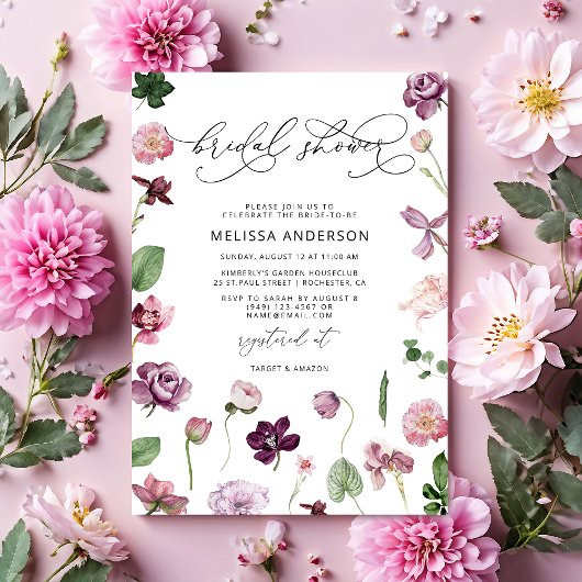 Paarse Floral Bridal Shower Kaart