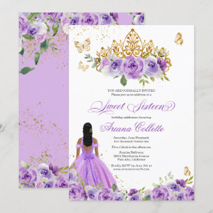 Paarse Floral Butterfly Sweet Sixteen Birthday Inv Kaart