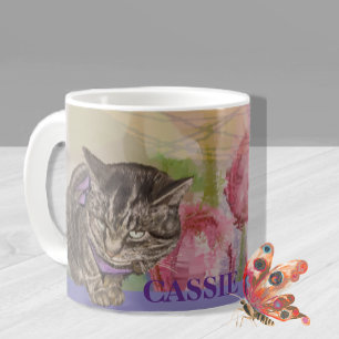 Paarse Floral Cat Mok met een vlinder