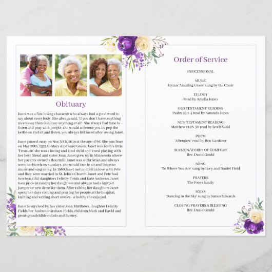 Paarse Floral Celebration of Life Funeral Programm (Achterkant)