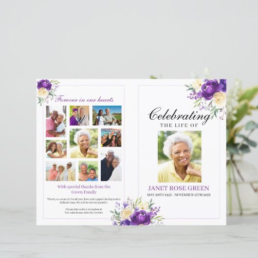 Paarse Floral Celebration of Life Funeral Programm (Staand voorkant)