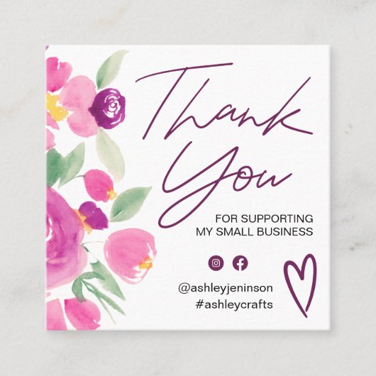 Paarse floral chic script font order bedankt u vierkante visitekaartje (Voorkant)
