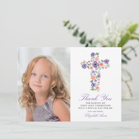 Paarse Floral Cross First Heilige Communie Dank u Bedankkaart (Staand voorkant)