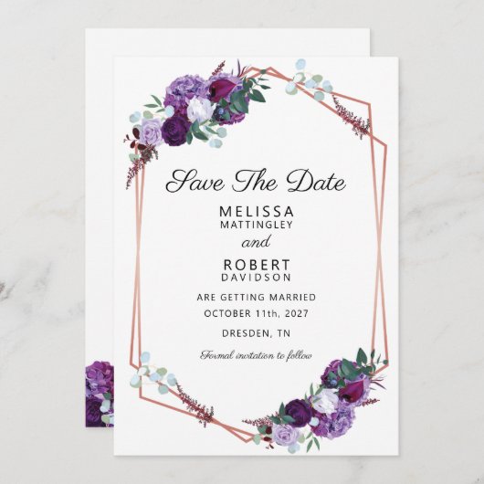 Paarse Floral Elegant Geometric sparen de Datum Save The Date (Voorkant / Achterkant)