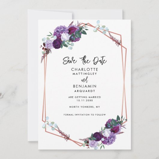 Paarse Floral Elegant Geometric Wedding Save The Date (Voorkant)